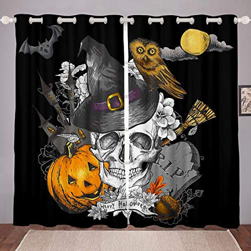 Loussiesd Cortina Opaca de Halloween Calabaza Farol Lápida de Piedra sepulcral Cortina de para niños y esquelético de Miedo Cortina térmica de Escoba de Bruja, W46 x L54
