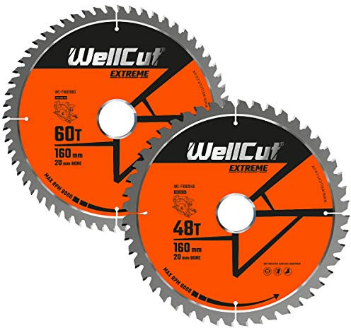 WELLCUT TCT Kreiswinkelschleifer 160 mm x 20 mm Holztrennscheiben-Sägeblatt, Tauchsägeblatt Festool TS55 Makita Bosch Kabel/Akku (Packung mit 1, 48 & 60 Zähnen blatt)