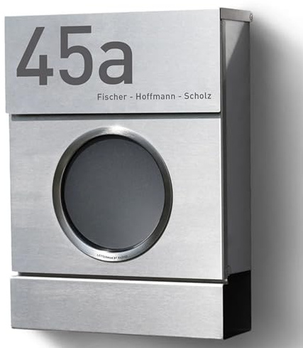 Radius Design Briefkasten Letterman MB mit Bullauge & Zeitungsfach - Wandbriefkasten aus Stahl - großer DIN-C4 Einwurf - 10 Jahre Funktions- & Korrosionsgarantie - 2 Schlüssel (Edelstahl)