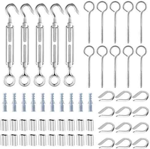 TooTaci 5 Stück M5 Seilspanner Spannschloss Edelstahl,10 Stück M5 ösen Schrauben,12 Stück Kauschen,20Stück Crimpschlaufe,Drahtspanner Zaunspanner für 2mm Kabel Drahtseile