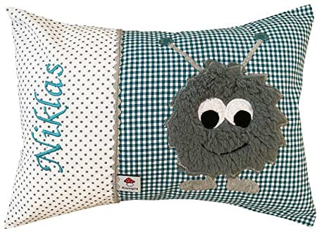 Glückspilz Namenskissen, Babykissen mit Namen Bestickt, Monster Petrol, 30 x 45 cm