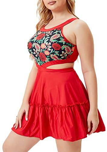 Ydsxlp Damen Bauchweg Tankini Set Große Größe Badeanzug mit Shorts Black Streifen Push up Bademode Figurformend Schwangerschaft Badekleid(D rot,4XL)