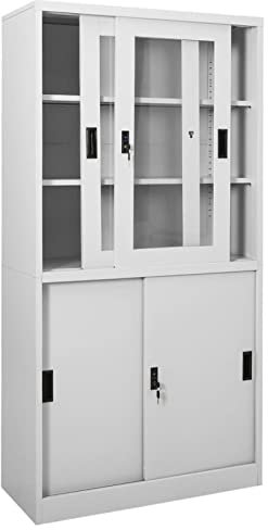 Gecheer Büroschrank, Aktenschrank mit Schiebetür und Regalboden, Metallschrank Stahlschrank Lagerschrank Aufbewahrungsschrank Büromöbel Hellgrau 90x40x180 cm Stahl