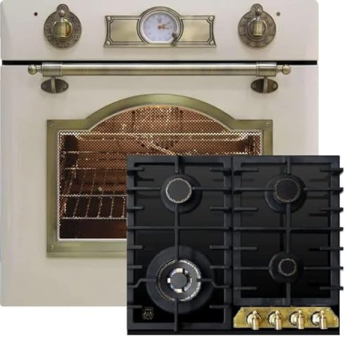 Kaiser Küchengeräte Backofen-Set EH 6355 ElfEm + KCG 6382 Turbo, Autark, Retro, 8 Funktionen + Retro Einbau Gas - Kochfeld 60 cm, Schwarz Glas, Propan/Erdgas/Fl.Gas