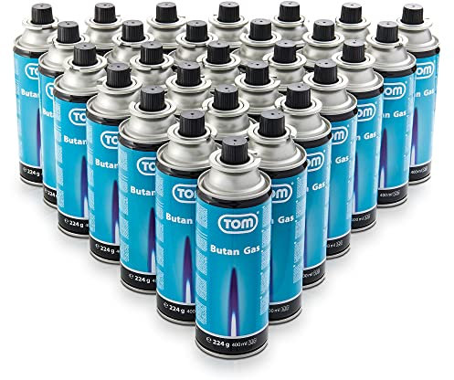 TOM 8 x, 12 x oder 28 x Butangas Kartuschen 227 mit MSF-1A Bajonett Ventil – Die Butan Gas Kartuschen sind ideal beim Camping für Campingkocher, Gaslampe & Co. oder für Unkrautbrenner, Flächenbrenner