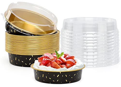 Beasea Paquete de 20 moldes redondos de 4 pulgadas, moldes de aluminio para magdalenas de 8 onzas con tapas, mini sartenes para tartas, sartenes para hornear para tartas de pizza, quiche