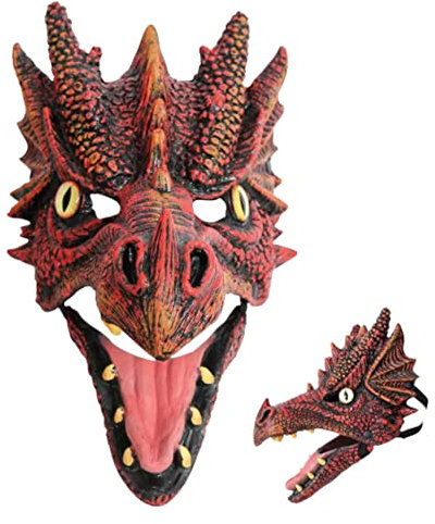 KarnevalsTeufel Drachen Maske Gesichtsmaske Dragon mit flexiblen Unterkiefer Fantasy, Cosplay, Fabelwesen Halbmaske, Drachenkopf für Erwachsene, Accessoire (Rot)