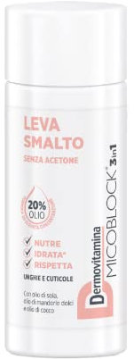 Micoblock 3in1 Levasmalto - Rimuove traccia di smalto dalle unghie - Smalto rinforzante unghie - Senza acetone con 20% di olio - 125 ml - Dermovitamina
