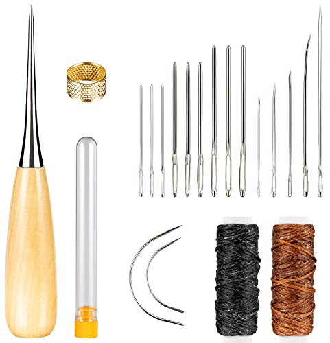 Realure 20 Piezas Herramientas Cuero con Agujas Coser a Mano, Juego Del Hilo Para Coser Cuero a Mano de 2 Colores, Juego de Costura para Cuero para Piel Sofá de Cuero DIY Craft de Costura