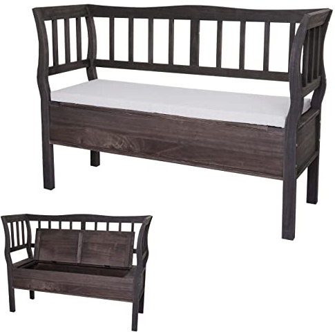 Mendler Sitzbank T207 119cm - grau-braun, Shabby | Bank, Truhenbank, Holzbank, Aufbewahrungstruhe, Staufach, Kissen, Holz