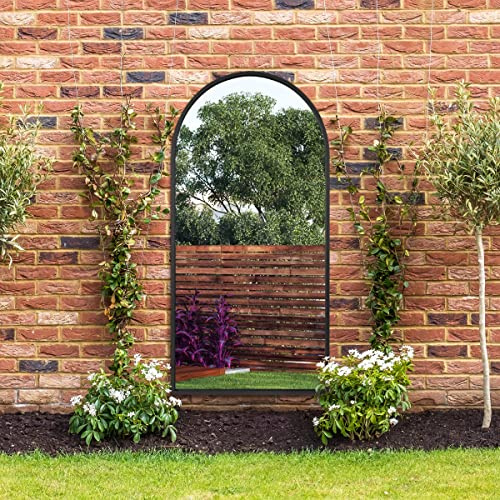 MirrorOutlet The Arcus - Black Framed Modern Full Length Arched Garden Wall Mirror 71 X 35 (180CM X 90CM) Silver Mirror Glass with Black All weather Backing.