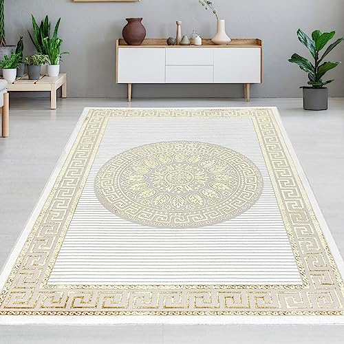 CARPETIA Teppich Wohnzimmer Schlafzimmer Mäander Kurzflor bezaubernd edel Ornamente orientalisch glänzend riesig XXL Creme Gold 240 x 340 cm