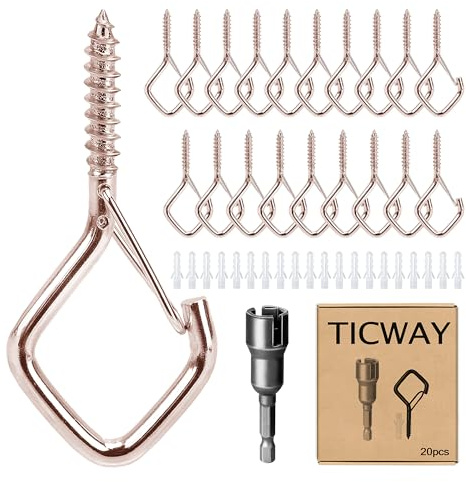 Ticway 20 PCS Q-Hanger Hooks for String Lights,Ceiling Hooks for Hanging Plants,Screw Hooks for Wind Chimes,Bird Feeder,Lanterns,Christmas Decorations Outdoor String Lights (Gold)