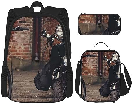 Retro Fahrrad und Motorrad Roller Rucksack Set 3pcs mit Lunch Bag Federmäppchen Reise Daypack Lunch Bag Pencil Pouch Kombination, Schwarz , Einheitsgröße, Daypack Rucksäcke