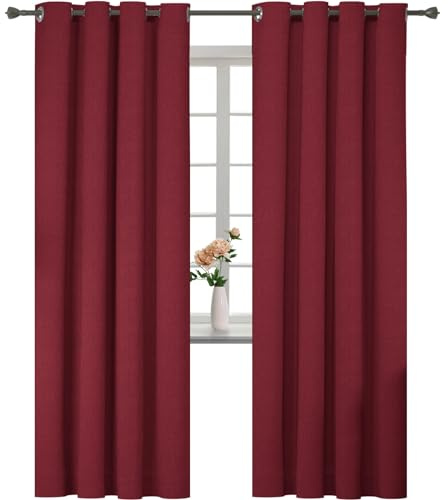 YSTELLAA 100% Mörkläggningsgardin 2 Stycken, 140 X 260 CM, linne dekorativ, Sovrum Termiska Gardiner Med Öljetter, Ljudisoleringsgardin, Värmeisolerande Gardiner För Vardagsrum, Röd | Värmebeständig och värmeisolerad gardin med öljetter, bullerskydd, för vardagsrum och sovrum