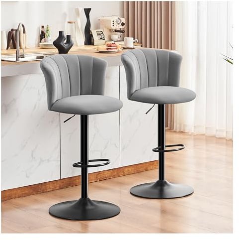 STOOLINK Set di 2 Sgabello da Bar, Sedia da Bar Tessuto Velluto Seta, Sgabelli Cucina con Poggiapiedi, Sgabelli da Bar Regolabile, Sgabelli Bar Girevole a 360° con Schienale-Grigio