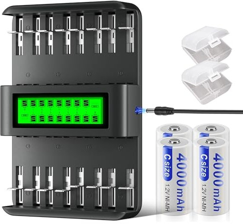 Mspalocell Batterie C ricaricate con caricabatterie, 4 pezzi 4000MAH 1200 cicli Batteria C, Caricatore della batteria da 12 V/2A per batteria AA/AA/C/D da 1,2 V (NI-MH/NI-CD)