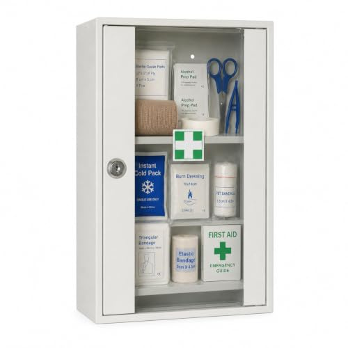 LEOMAR Medizinschrank, Apothekerschrank aus Stahlblech, mit 1 Ablage, Abschließbar, Hausapotheke inkl. 2 Schlüssel, Medikamentenschrank, Erste-Hilfe-Schrank mit Glastüren 12 x 20 x 32 cm