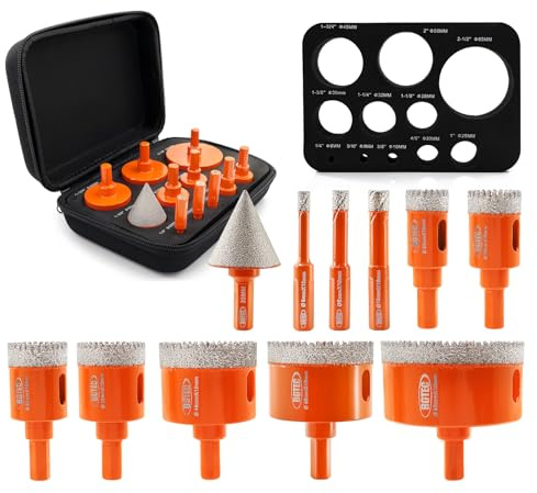 Kit de brocas de núcleo de diamante BGTEC para sierra perforadora de diamante, vástago triangular, 10 brocas de 6/8/10/20/25/28/32/45/50/65 mm + 1 broca de chaflán hexagonal de 3/8 pulgadas