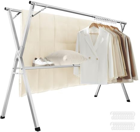 SONGMICS Wäscheständer, robuster Wäscheständer, 132 - 200 cm, ausziehbar, faltbar, freistehend, Edelstahl, für den Innen- und Außenbereich, Taubengrau ULLR902E01