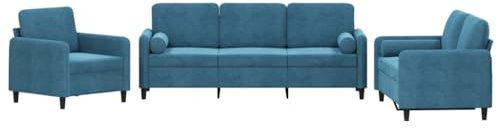 vidaXL Sofagarnitur 3-TLG., Sessel Couch mit Kissen, Sofa Wohnzimmersofa mit Armlehnen, Couchgarnitur Designsofa Sitzmöbel Polstermöbel, Blau Samt