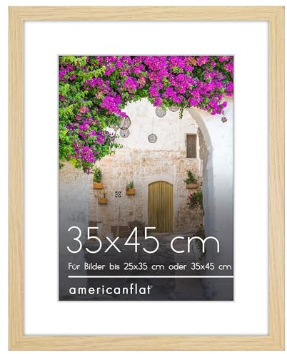 Americanflat 35x45 cm Bilderrahmen aus MDF-Holz mit 25x35 cm Passepartout - 45x35 cm Fotorahmen mit Plexi-Scheibe und integrierter Aufhängung für Hoch- und Querformat - Eiche/Natur