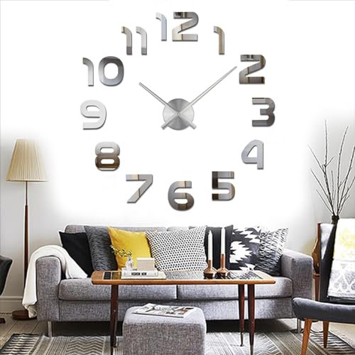 Yolistar Reloj de Pared Moderno DIY, Etiqueta de La Pared del Reloj Mudo 3D, tamaño Grande, Fácil de Montar, para el Hogar, Oficina, Decoración de Pared del Hotel, Número Plata Grande