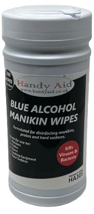 Handy Aid Disposable Manikin Wipes Large - 20 x 20cm - Tub of 200 Probe Hard Surfaces Disinfectant 70-80% Alcohol Wipes