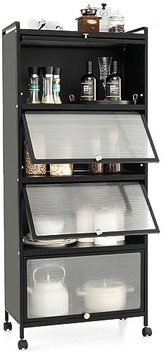 Generisch Küchenregal hoch, Küchenschrank mit Rollen, 5-stufig, Mikrowellenständer mit aufklappbaren PC-Türen & Kippschutz, Standregal Hochschrank, für Küche Esszimmer Wohnzimmer (Schwarz)