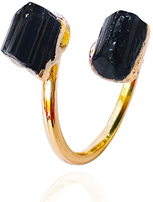 SZYDD Anillo de turmalina negra natural con incrustaciones de doble extremo, apertura irregular de piedra negra, joyería de dedo hecha a mano, tamaño ajustable, adecuado para hombres y mujeres
