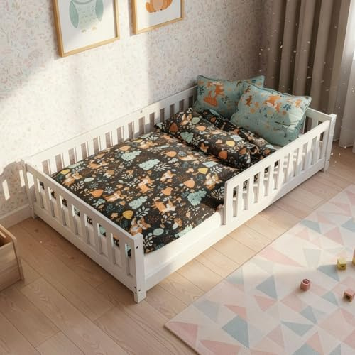 Juskys Lit au Sol Enfant Naya 140x200 cm avec Barrière de Sécurité et Sommier à Lattes, Lit à barreaux Montessori en Bois Massif Pin pour Enfants et Adolescent, Blanc