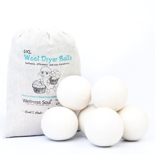 Woll-Trocknerbälle - 6er Set - Natürlicher Weichspüler, Wiederverwendbar, Reduziert Falten und Trockenzeit, Anti-Statik, Große Filz-Wollbälle – Bessere Alternative zu Plastikbällen (Weiß)
