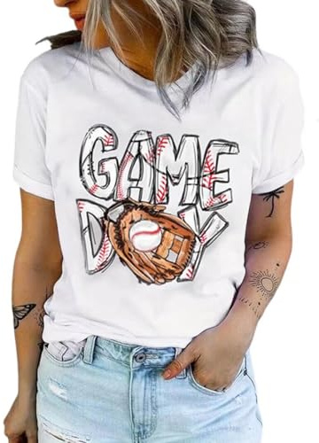 Baseball Game Day T Shirt for Women Retro Letter Printed Tee Baseball Mom Pattern Game Day Gifts Funny Short Sleeve Top（Small,White