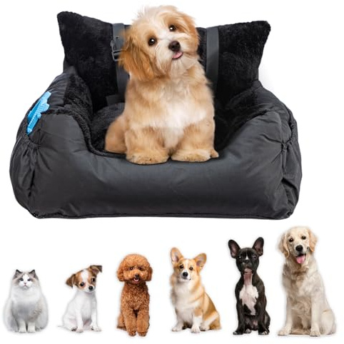 Supernic Plush Dog Car Seat for Small Dogs & Cats, Cosy Pet Travel Bed with Safety Leash, Storage Pocket & Non-Slip Base, Ideal Car Dog Seat for Secure Travel (Black, 50x50x20cm)