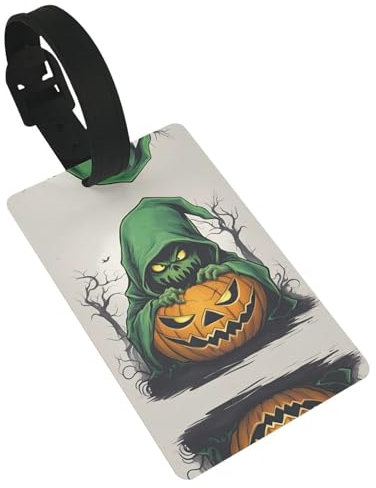 Gepäckanhänger mit grünem Geist, Horror, Halloween, Kürbis, 1 Druck, 5,3 x 8,4 cm, PVC-Gepäckkennzeichen mit Gürtel, Namensschilder, Reisezubehör