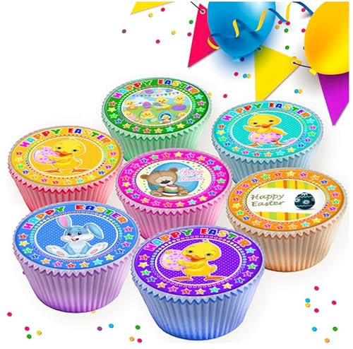 24 x HAPPY EASTER CUTE MIXED IMAGES EDIBLE ICING 4.5 cms CUPCAKE TOPPERS DECORATIONS KP EASTER