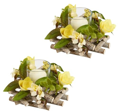 Tea Light Candle Holder Table Centrepiece Decoration with Yellow Flowers | Summer Decor, Candle Holder, Tealight Holder, Tea Light, Birchwood, Wooden, Table Decor, Centrepiece