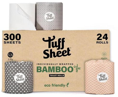 24 Pack Bamboo Wrapped Toilet Rolls 3-Ply Strength, Plastic-Free Toilet Paper, 300 Sheets, Recycled Packaging, Sustainably Sourced, Eco-Friendly & Biodegradable Bathroom Tissues