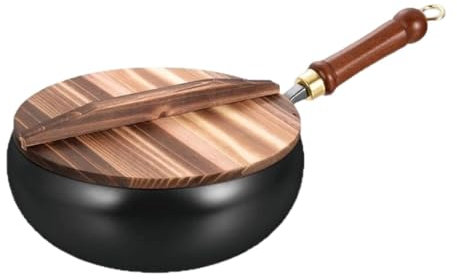 perfk Wok Antiadherente de 11 Pulgadas, multifunción, Mango de Madera Resistente, Utensilios de Cocina de Fondo Plano, Wok Chino para Cocina, hogar,