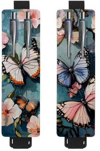 VAPOKF 2 Stück Verstellbarer Gummiband-Stifthalter für Notizbuch, PU-Leder-Stifthalter, Stifteetui für Hardcover Journals, Bücher, Planer, Ordner, Tablets - Rosa Blumen Schmetterling