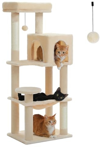 PAWZ Road Kratzbaum113 cm, stabil für große Katzen mit Hängematte | Kratzbaum 113 cm, stabil mit dicker Bodenplatte, Plüsch-Hängematte, 6 Ebenen, Sisal-Kratzpfosten, 2-türiges Katzenhaus, Beige