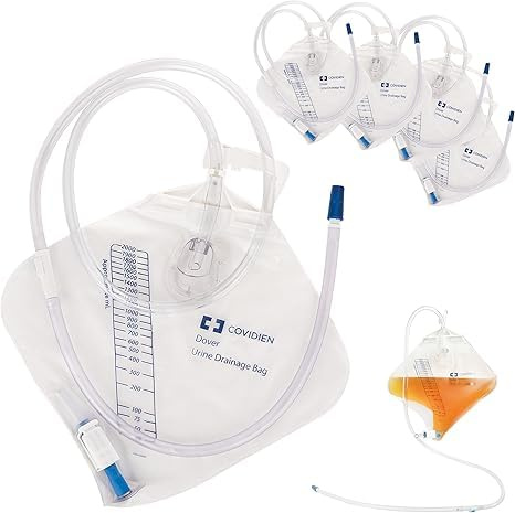 Dover Urine Drainage Bag with 18” Extended Tube (5 Pack) - Urine Bag with Anti-Reflux Chamber with Splash-Resistant Drain Spout - 2000 mL Vinyl Urine Bags for Men - 40 Tube Drainage