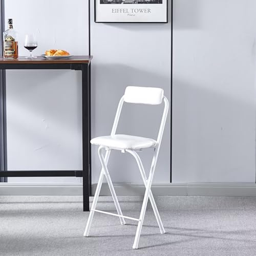 Sgabello da bar pieghevole portatile for la colazione, comodo sgabello alto rotondo imbottito, sgabelli da bar alti pieghevoli for sala giochi da cucina, capacità di 220 libbre(Bianco,65cm (26inch))