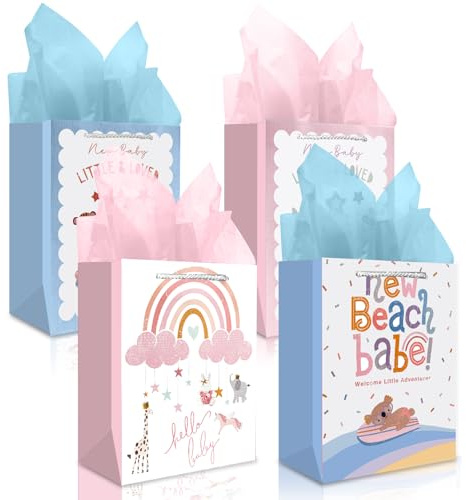 Geschenktüten zur Baby Geburt 1. Geburtstag Babyparty Geschenktasche mit Seidenpapier,Geschenke zur Geburt Junge & Mädchen,Rosa Blau Geschenkverpackung Papiertüten Baby Shower Geschenksackerl