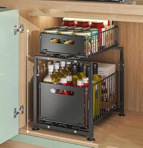 OHMG Organiseurs de Placards,Bac de Rangements sous Evier 2 Niveaux Organisateur Coulissant avec 2 Tiroirs Porte-épices pour Comptoir de Cuisine Organisateur pour Salle de Bain, Cuisine, Bureau