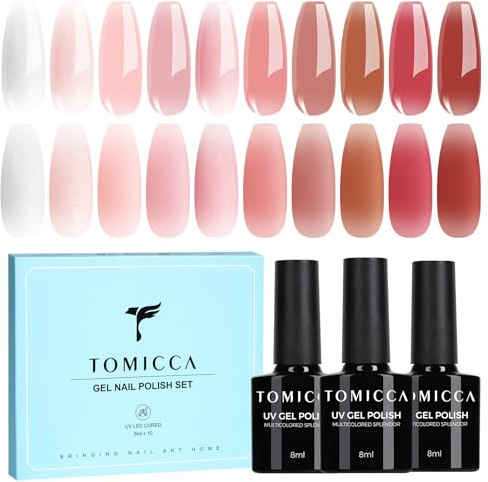 TOMICCA UV Nagellack Set, 10 Farben Transparent Rosa Nude Gel Nagellack 8ML | 10 Farben Rosa Nude Glitzer Soak-Off Gel Nagellack UV Nail Polish Geeignet für Nail Art Salon DIY Home, 10*8ML