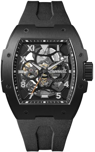 Ingersoll The Play 45 mm Automatic Herrenuhr mit schwarzem Skelettziffernblatt und schwarzem PU Armband
