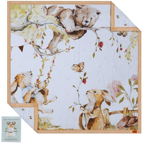 Baby Muslin Woodland Blanket – Reversible Cotton Muslin Baby Quilt, 48x48 Woodland Blanket for Newborns & Toddlers – Gender Neutral, Soft & Breathable