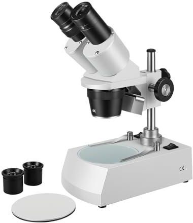Stereo Microscope，Binocular Microscope, WF10x and WF20x Eyepieces, 10X-80X Magnification, Upper and Lower LED Light Source, Pillar Stand,120V Power Supply and Lithium Battery