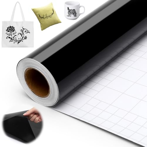 Yuragim Plotterfolie vinyl svart, 30,5 x 500 cm vinylfolie plotter för cut, PET-plotterfolie självhäftande svart för gör-det-själv-gåvor, festdekoration, klistermärken, hantverksfräs, mugg, fönster